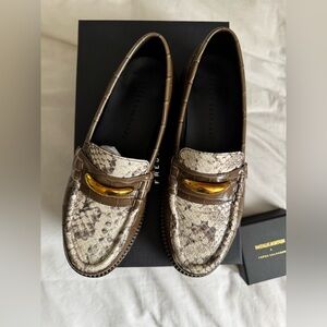 Freda Salvador Metallic Taupe Snakeskin-Embossed Loafers with Gold Accent